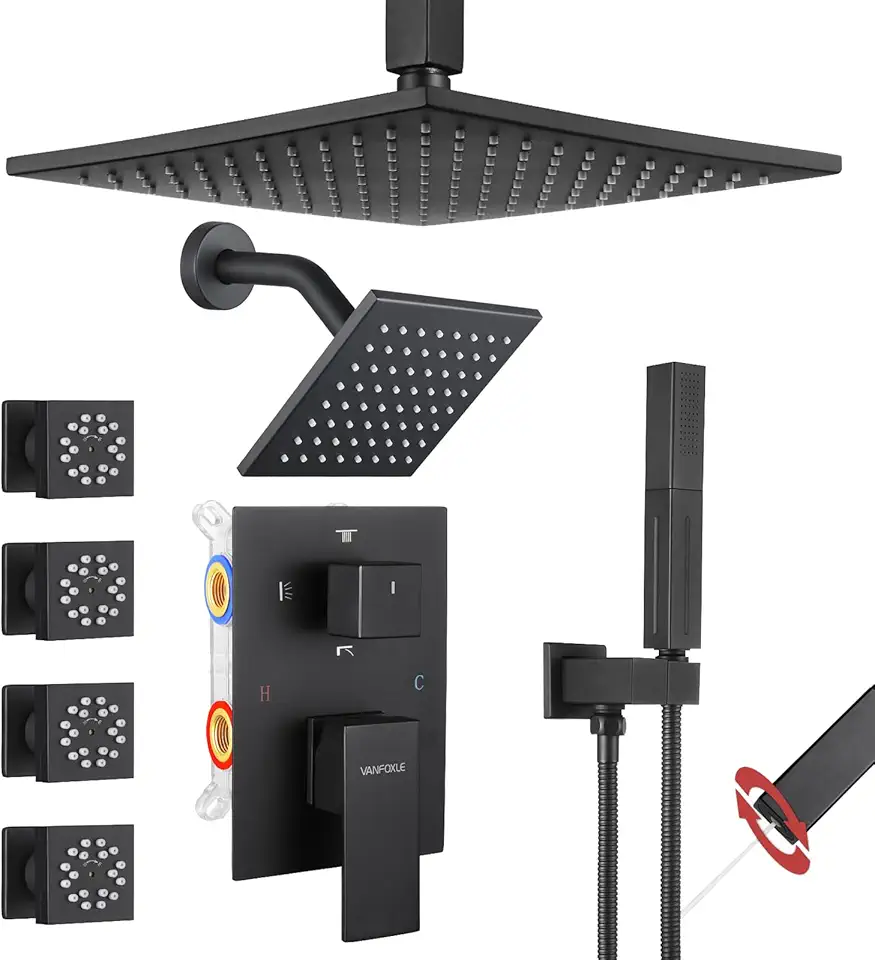 VANFOXLE Shower Faucet Set Matte Black Shower System,Four Modes Shower Faucet with 2 in 1 Handheld,Ceiling Mount 10 Inch Shower Head with 6 Inch Wall Mount Shower, 4 PCS Dual Modes Body Jets