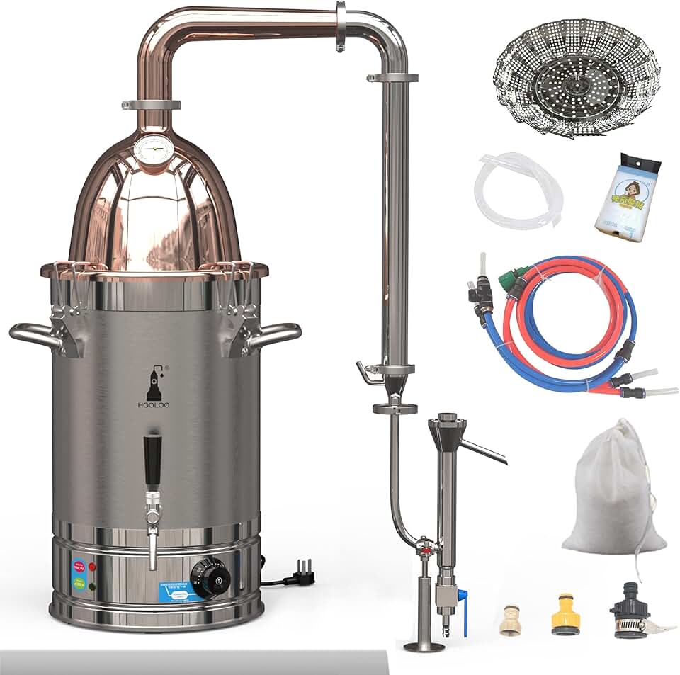 Alcohol Distiller Still for Home Use Kit 304 Stainless Steel Whiskey Making Kit with Thermometer Whiskey Brandy Vodka 6.3Gal (24L) (RT-30) (6.3Gal/24Litres-Rocket Lid-110V)