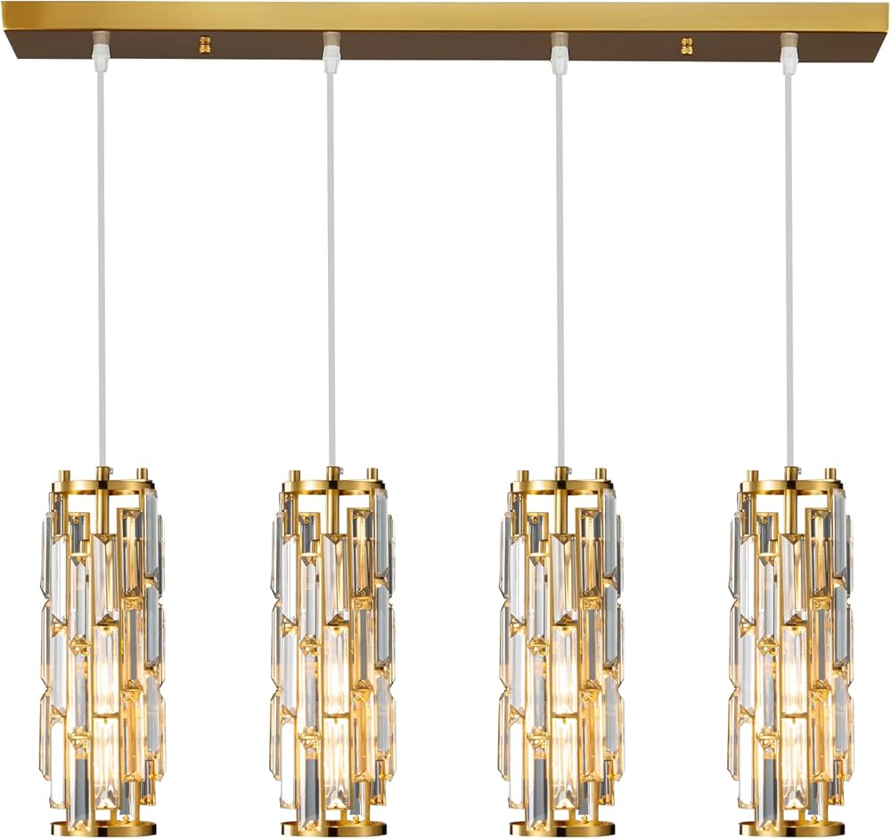 LMQNINE 4 Light Gold Pendant Lighting Modern Pendant Light, Mini Crystal Chandeliers,Adjustable Pendant Light Fixture for Kitchen Island Dinning Room Bedroom(Gold 4-Light)