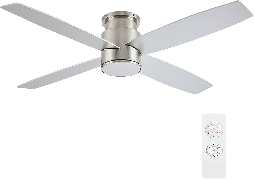 WINGBO 44 Inch Flush Mount DC Ceiling Fan with Lights and Remote, 4 Reversible Blades, Ultra Quiet 6-Speed DC Motor, Hugger Low Profile Indoor Ceiling Fan, Brushed Nickel Finish