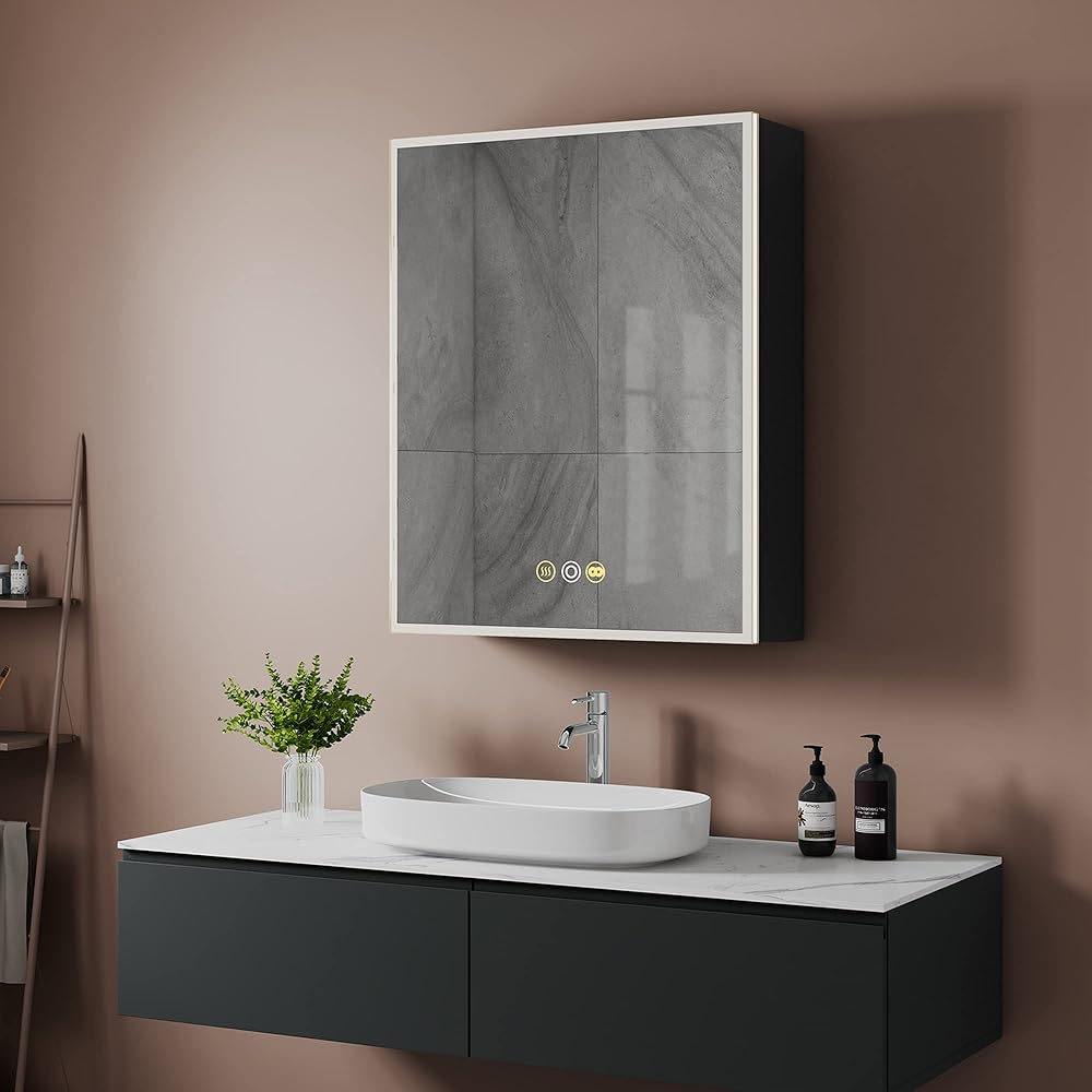 Black Medicine Cabinets for Bathroom with Mirror, 24”W x 30”H Surface Wall Mounted LED Medicine Cabinet with Lights, Defogger, Dimmer, Outlets & USB, Left Hinge