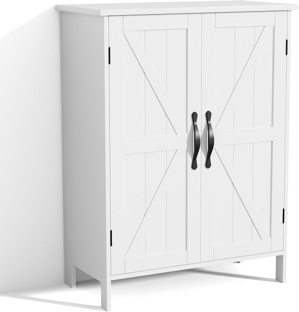 SRIWATANA Bathroom Floor Storage Cabinet with 2 Doors & Adjustable Shelves, Wooden Free Standing Cabinet Organizer, White