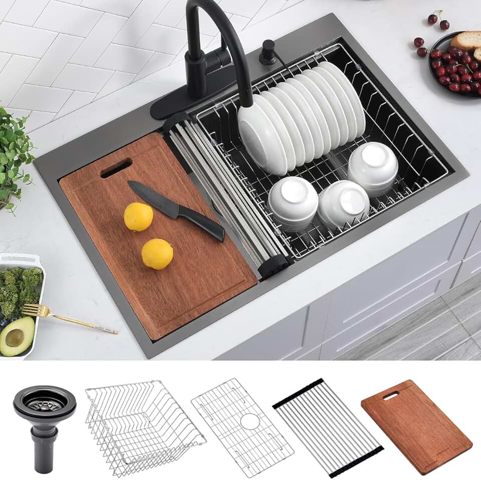 33 Inch Black Drop In Workstation Kitchen Sink, Scamall 33x22x10 Inches 16 Gauge Gunmetal Black Stainless Steel Topmount Workstation Kitchen Sink SM019-4SBG