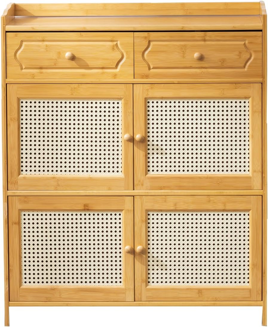 Sideboard Buffet Cabinet, Bamboo storage with 4 Rattan Doors and 2 Storage drawers, Coffee Bar Cabinet for Kitchen, Living Room, Hallway Office, Nature(31.5''L)