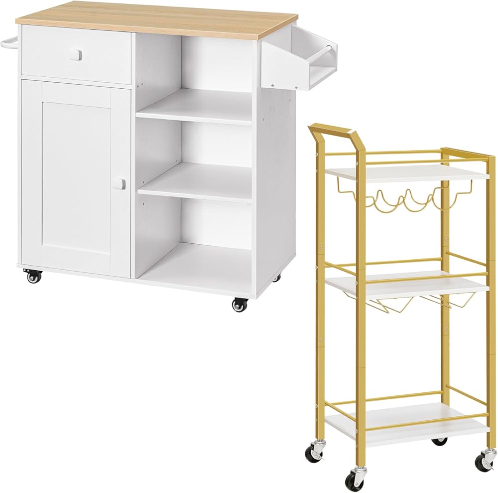 HOOBRO Kitchen Island, Storage Cabinet with Drawer and Bar Cart for The Home, Kitchen Cart with Spice and Towel Rack, 3-Tier Kitchen Cart with Wine Rack for Bar, Kitchen, Living Room WN12ZD01-DW38TC01