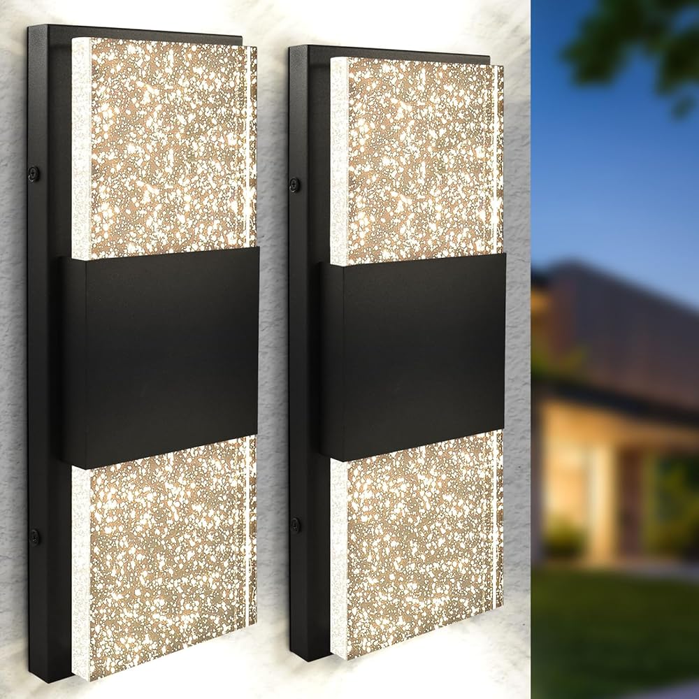 Up Down LED Bubble Glass Outdoor Wall Light, 17 Inch, 3CCT 3000K 4000K 5000K, IP65 Waterproof, 12W, Aluminum, Seeded Glass Light Fixture, ETL, Exterior Porch Lights, Outdoor Wall Sconce 2-Pack