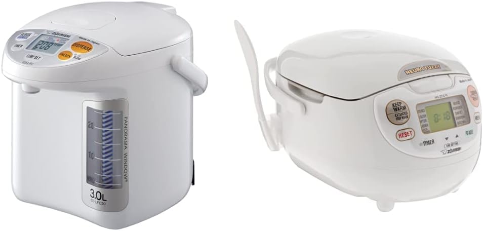 Zojirushi CD-LFC30 Panorama Window Micom Water Boiler and Warmer, 101 oz/3.0 L, White & NS-ZCC10 Neuro Fuzzy Rice Cooker, 5.5-Cup, White