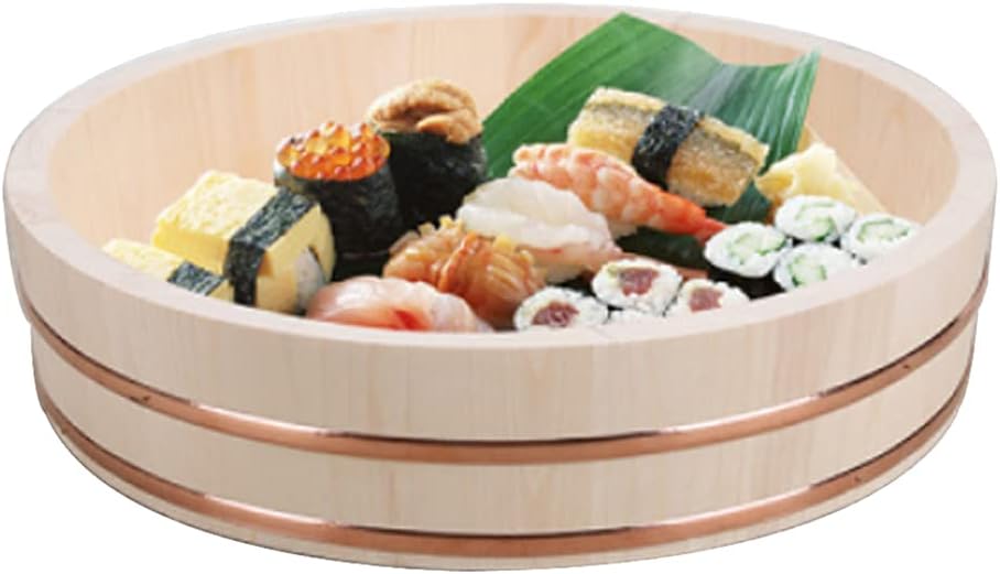 Large Hangiri Sushi Rice Mixing Tub Sushi Oke Rice Cooling Bowl Bucket with Copper Banding for Restaurant Home Kitchen, 12 Sizes,72x16cm