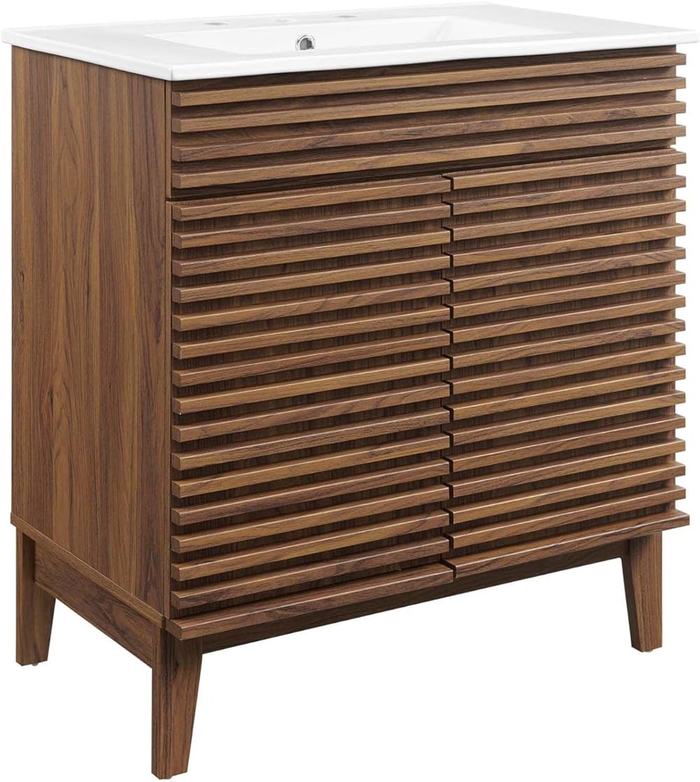 Modway Render Vanity with Sink-Floor, 30 Inch, Walnut White