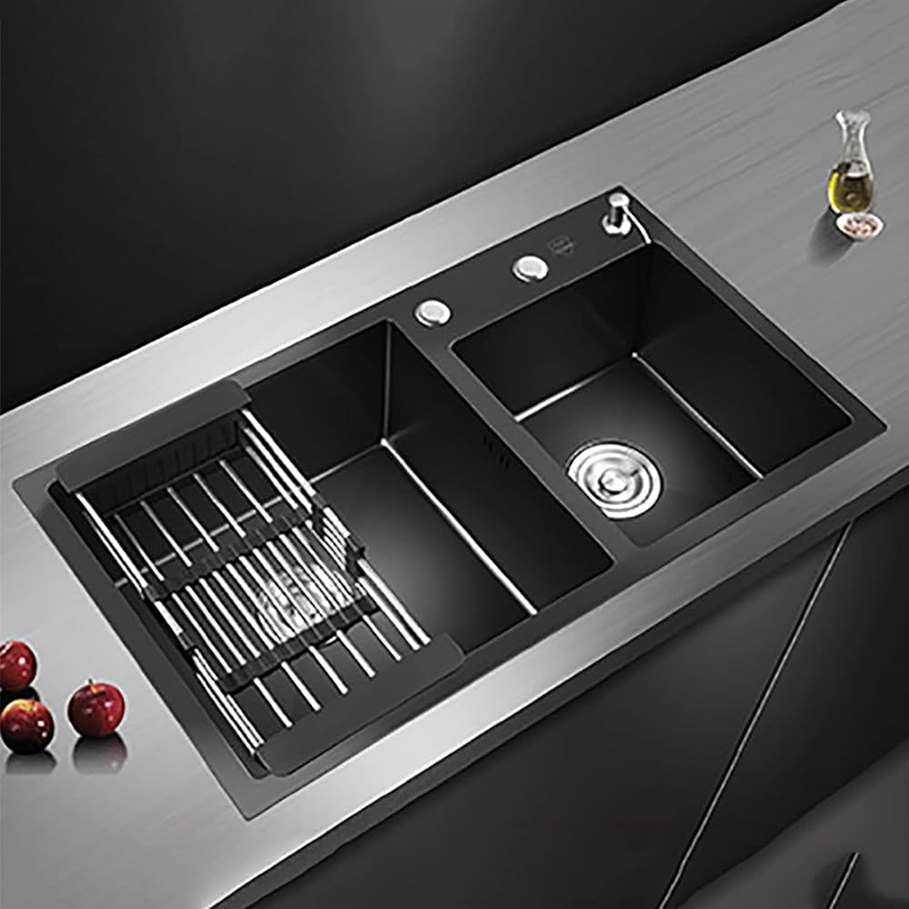 Household Sink Double Bowl,Black Kitchen Sink 72×40cm,Built-in Sink with Reversible Drainer,for Both Undermount and Flushmount Installation