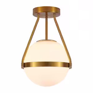 YANSUN 10 in. 1-Light Gold Mid Century Modern Globe Semi-Flush Mount Ceiling Light w/ White Frosted Glass Shade for Living Room