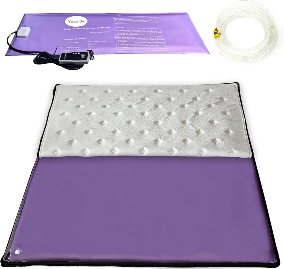 Free Flow Full Wave Mediume Water Bed, Square Purple Durable PVC Foldable Water Bed Set with Smart Thermostats, No Frame Needed Softside Water Bed, Water Beds for Adults, Elderly (King)