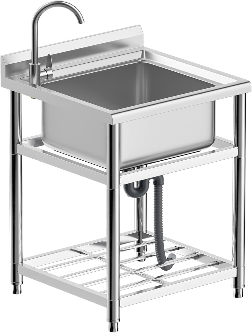Freestanding Stainless Steel Sink, Commercial Restaurant Sink, Large Single Bowl Sink, Outdoor Sink, Industrial Sink for Restaurant, Cafe, Bar, Hotel, Garage, Laundry Room, W23.5” × D25.2” × H33.5”