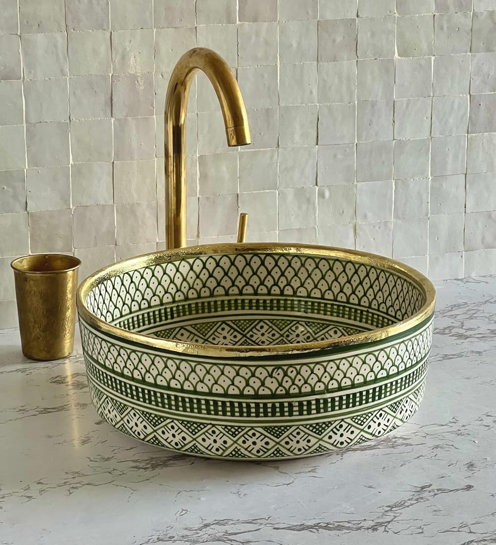 MIRATILE Handmade Ceramic Moroccan Basin Sink, Sink Bowl with Brass Rim Edge, Handwash Countertop Vanity Basin, Farmhouse Bathroom Basin, Hand Painted Wash Basin Sink. (14