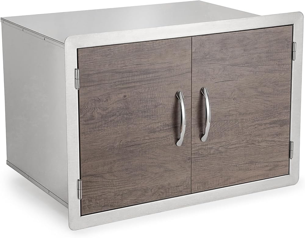 Stanbroil Double Door Dry Storage Pantry, 30-Inch Wood Grain Storage Cabinet BBQ Access Door for Outdoor Kitchen, BBQ Island and Grill Station
