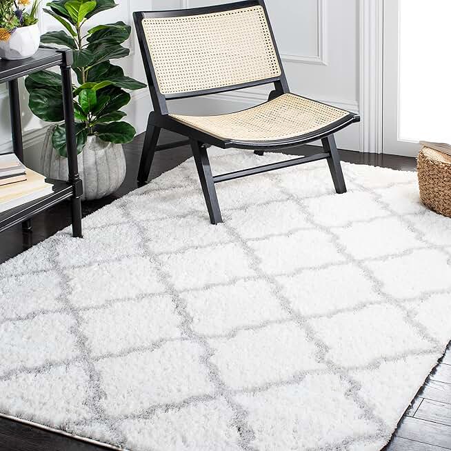 SAFAVIEH Berber Shag Collection Area Rug - 9' x 12', Ivory & Light Grey, Moroccan Trellis, Non-Shedding & Easy Care, 1.25-inch Thick Ideal for High Traffic Areas in Living Room, Bedroom (BER537F)