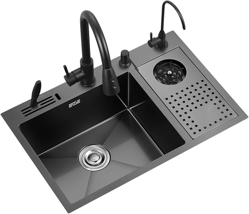 304 Stainless Steel Kitchen Sink Multifunctional Single Bowl Bar Sink RV Sink with Faucet and Cup Washer Top Mount Or Undermount (Color : Black, Size : 70x46x20cm)