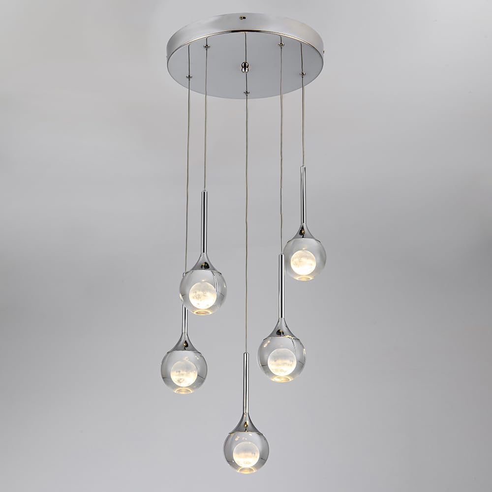 Modern Moon Crystal Chandelier, 5 Lights Cluster Pendant Light Fixtures, LED Dimmable Pendant Lighting for Kitchen Island Bar Dining Room Living Room Hallway Entryway