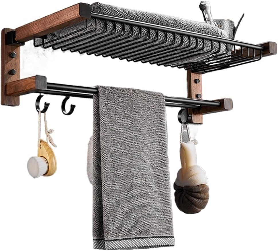Solid Wood Bathroom Foldable Bath Towel Rack Towel Rack Hanging Bathroom Shelf Black Bathroom Set