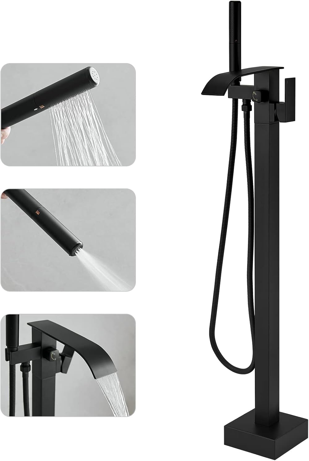Tub Filler Freestanding Bathtub Faucet Matte Black Floor Mount Tub Faucet Waterfall Free Standing Bathtub Filler High Flow Brass Bath Shower Faucets with Handheld Sprayer