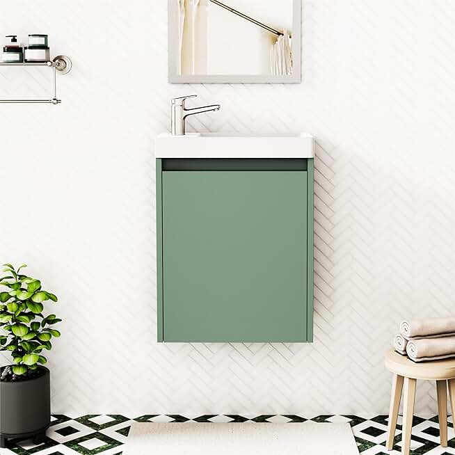 16 inch Bathroom Vanity with Sink, Wall-Mounted Bathroom Vanity with Soft-Close Door, Space-Saving Bathroom Vanity Cabinet, Ceramic Sink, Ideal for Small Bathroom, Easy Assembly, Green