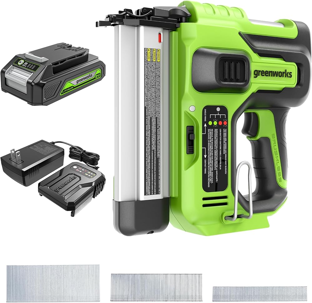 Greenworks 24V 18GA Brushless Brad Nailer Kit, Cordless Staple Gun, Electric Nail Stapler with 2Ah Battery and 2A Charger