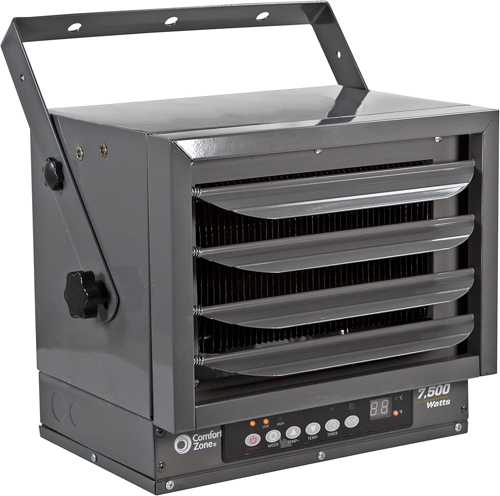 Comfort Zone Electric Hard-Wired Digital Ceiling Mount Space Heater w/Remote, 7,500 Watt, 240 Volt, Fan-Forced, Overheat Protection, Thermostat, Timer, & Fan Setting, Garage or Workshop, CZ230ERG