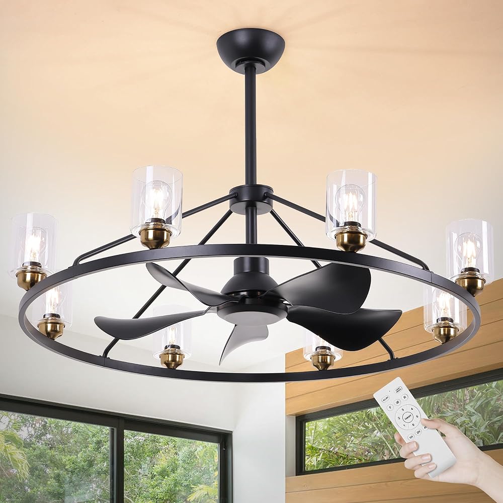 43.3 Inch Black Wagon Wheel Chandelier Fan with Glass Shade, 8 Lights, Modern Farmhouse Style, Ideal for Dining Room, Kitchen, Entryways, Height Adjustable, E26 Base Bulb-not included