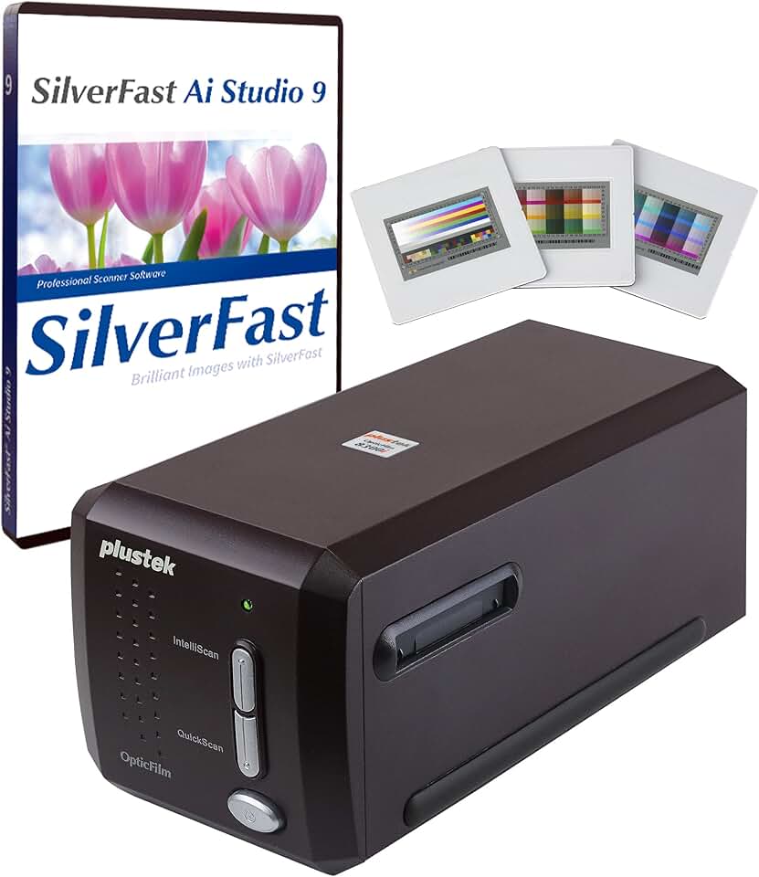 Plustek OpticFilm 8300i Ai Film Scanner - Converts 35mm Film & Slide into Digital, Bundle SilverFast Ai Studio 9 + QuickScan Plus, Include Advanced IT8 Calibration Target (3 Slide)