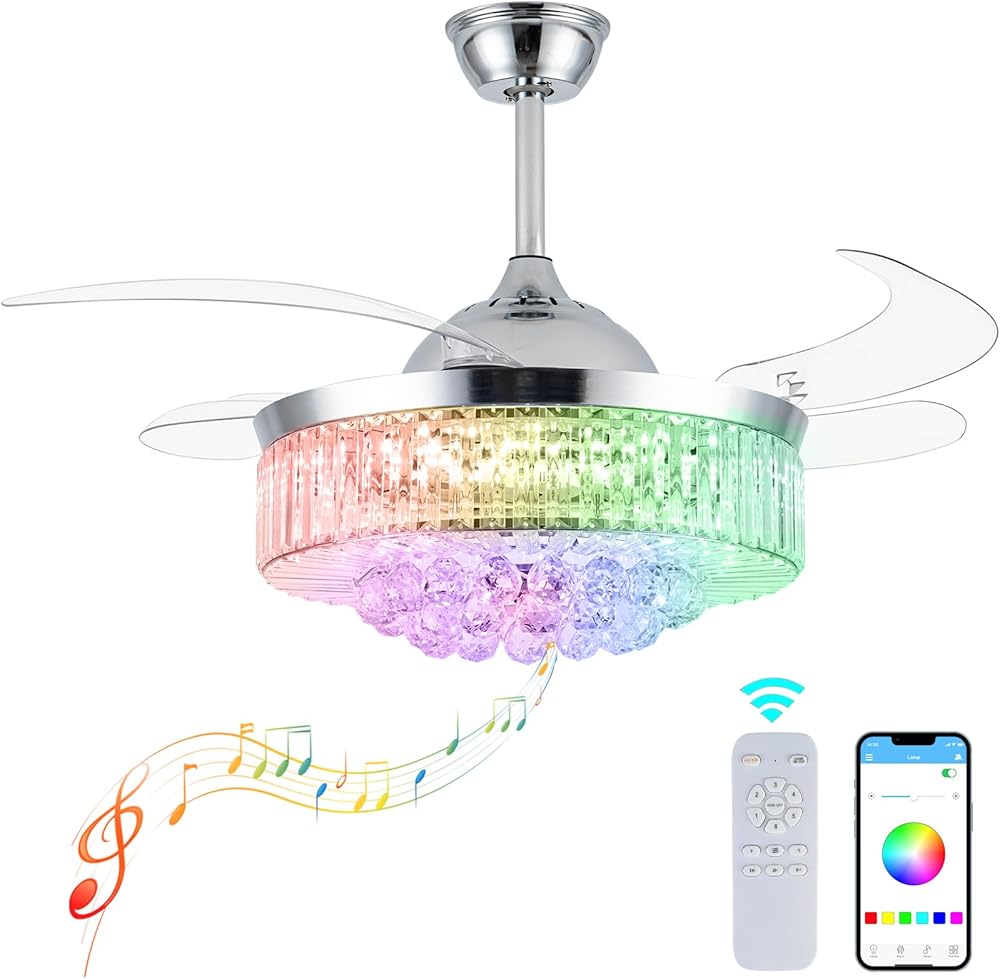42 Inch Crystal Chandelier Ceiling Fan with Lights and Remote, Retractable Blades Fandelier Ceiling Fans with RGB Light and Speaker, Smart Ceiling Fan for Bedroom Living Room