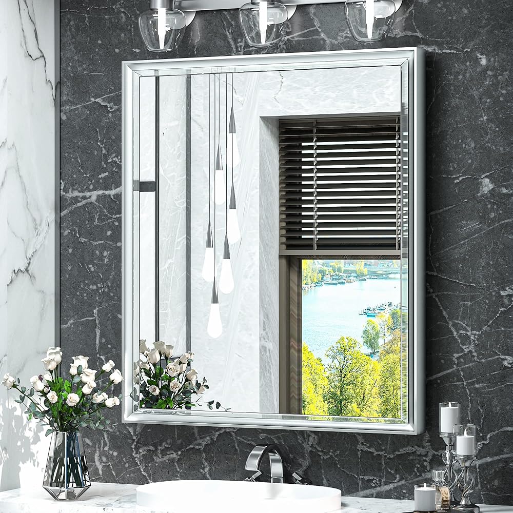 TokeShimi 26x30 Recessed Medicine Cabinet with Mirror, Silver Medicine Cabinet Organizer Aluminum 1 Door, Wall Mount Metal Beveled Mirrored Medicine Cabinets for Bathroom with Storage