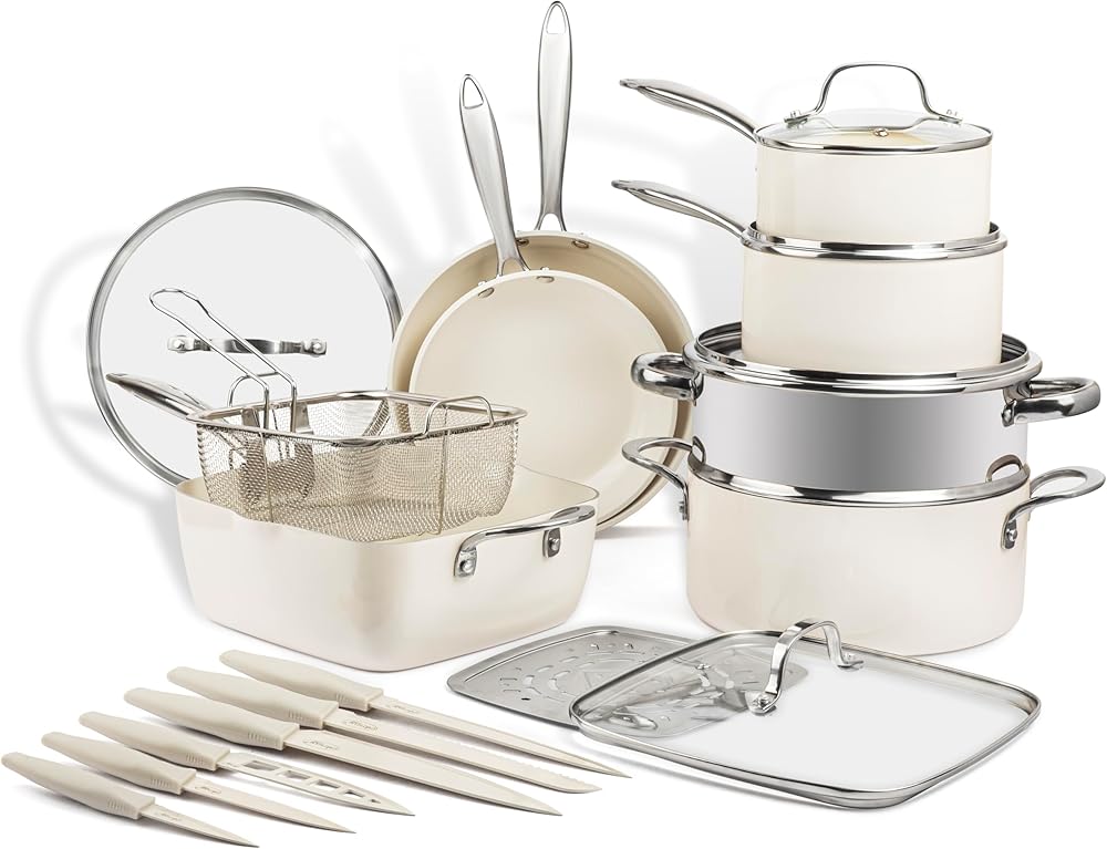 Gotham Steel 20 Pc Pots and Pans Set Non Stick Cookware Set, Pot and Pan Set, Kitchen Cookware Sets, Non Toxic Ceramic Cookware Set, Nonstick Cookware Set, Lightweight, Dishwasher Safe, Cream White…