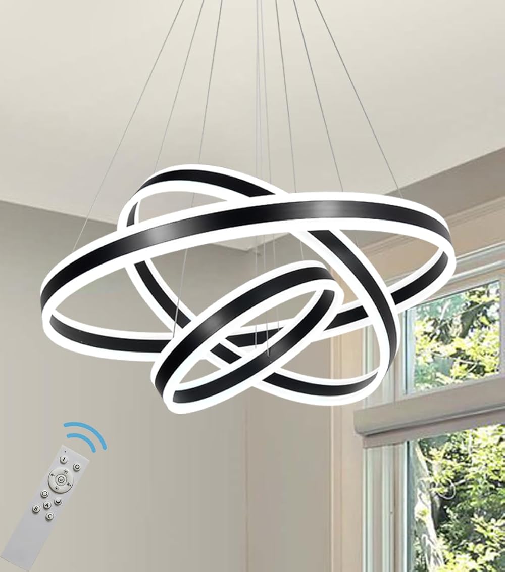 Modern Black Led Chandelier Lighting Dimmable 3 Ring Led Chandeliers Contemporary Dining Room Living Room Foyer Ceiling Light Fixtures 113W 31.5