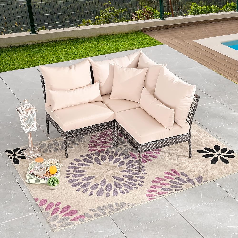 LOKATSE HOME 3 Pieces Outdoor Wicker Sectional Corner Sofa Furniture Rattan Armless Chair Set with Cushion, Beige