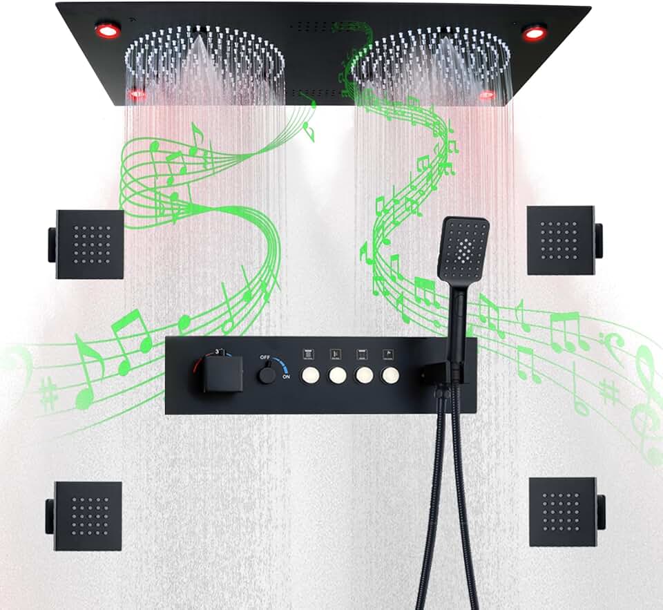 Smart Matte Black Rain LED Ceiling Shower Head With Handheld Spray, 12.5X24.5 Inch Super Large Rectangle Thermostatic Rainfall Shower System Fixtures Set And Body Jets For Double Bath