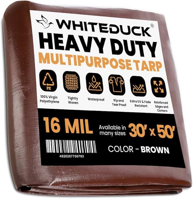 WHITEDUCK Super Heavy Duty Poly Tarp Cover 16 Mil & 10 Mil with Grommets and Reinforced Edges (Brown, White & Silver Black) (Brown- 16 Mil, 30' x 50')