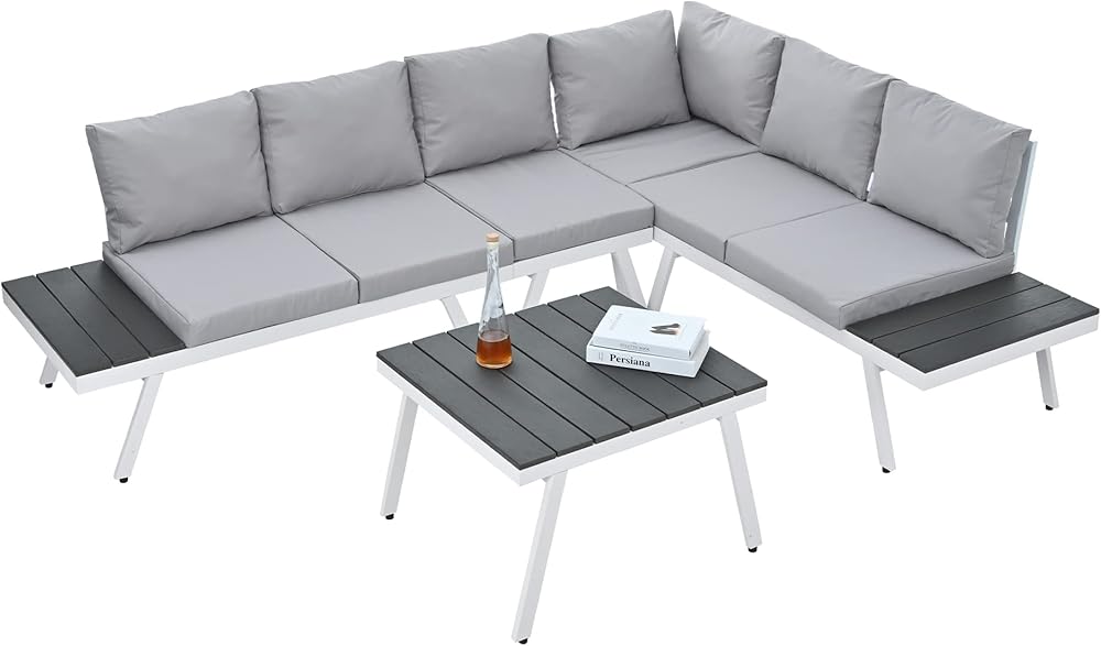 5 Piece Patio Furniture Set, Outdoor L-Shaped Sofa with Coffee Table and Removeable Cushions, Outdoor Conversation Set for Backyard Lawn Garden, White/Grey