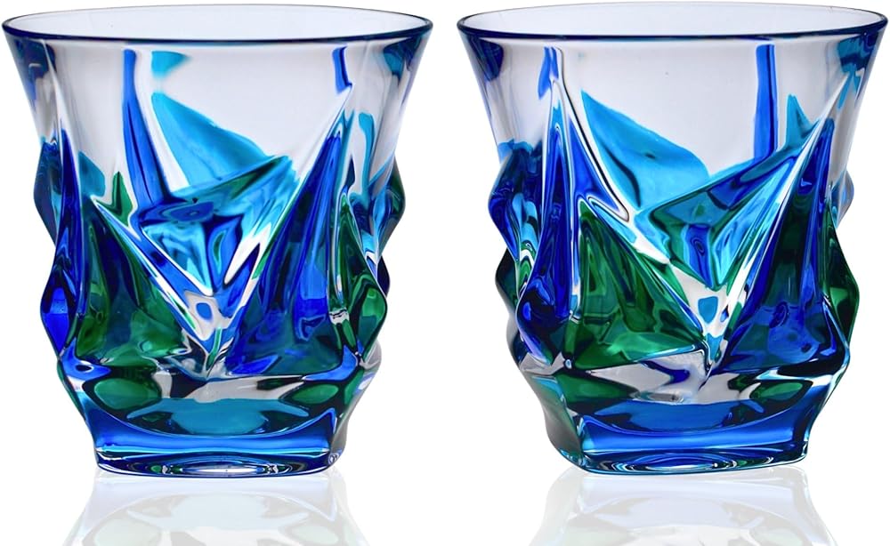 Italian Crystal Whiskey Glasses Set, 8 Ounce Capacity, Blue, Green, Thickened Crystal, Glass Cups for Bourbon, Scotch, Cognac, Cocktails, Home Bar Whiskey Gifts, Made In Italy, (2 PCS)