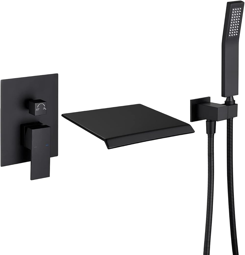 Waterfall Tub Faucet Wall Mount Roman Tub Filler Black Single Handle Brass Bathroom Bathtub Faucet with Hand Shower