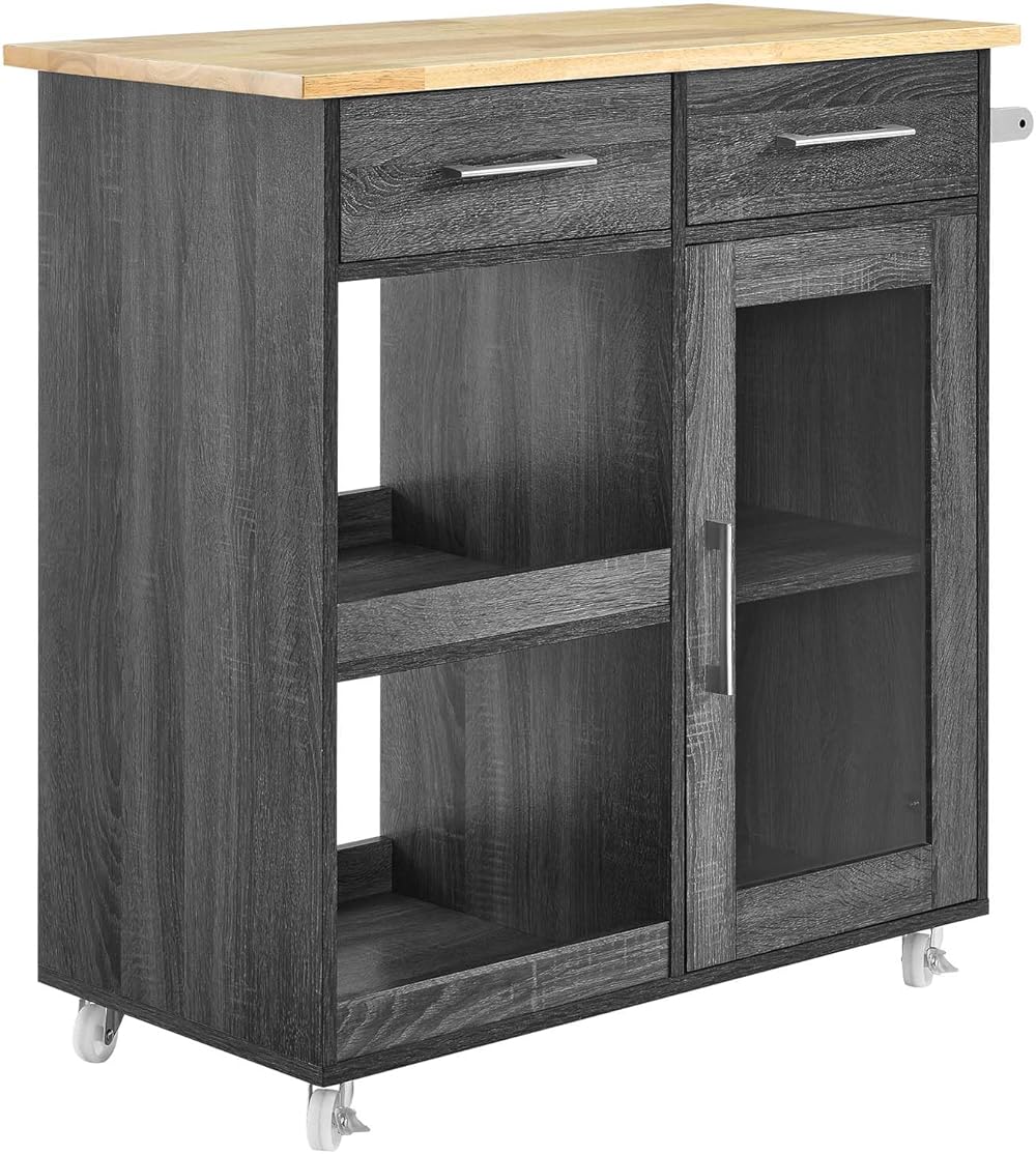 Modway Culinary Rolling Kitchen Cart with Storage in Charcoal Natural - 3 Tiers Kitchen Island on Wheels with Towel Bar, Functional as a Coffee Station, Bar Cabinet or Butcher Block Island