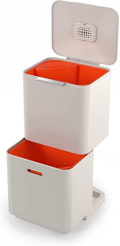 Joseph Joseph Totem Max 60 liter Waste Separation and Recycling Kitchen Trash Can with Odor filter and removable food waste caddy, Stone