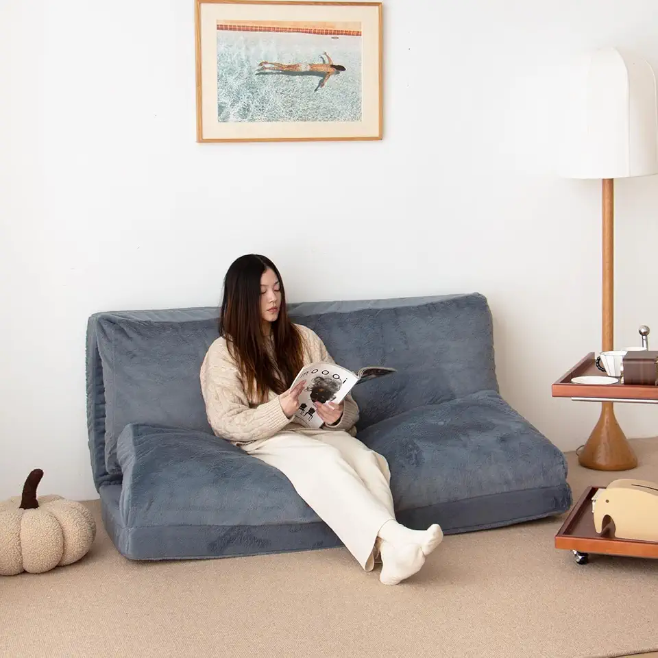 N&V Folding Matress Sofa Bean Bag Bed, Foam Filling Folding Matress Sofa, Includes Removable and Machine Washable Cover, Soft Premium Faux Fur (Large, Blue)