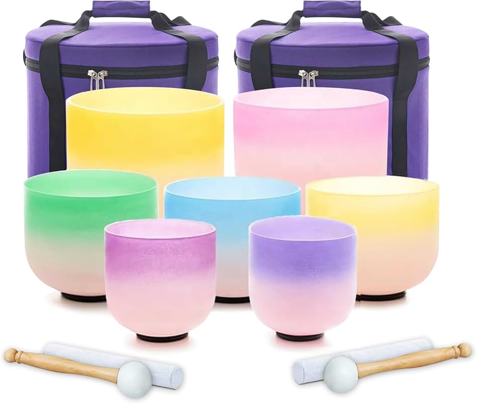 Singing Bowls 7-12 inch 432HZ Light Color Frosted Chakra Handmade Quartz Crystal Sound Healing Meditation Yoga with 2 Travel Carry Cases Bags 2 Mallets Suede 2 Strikers 7 O-rings
