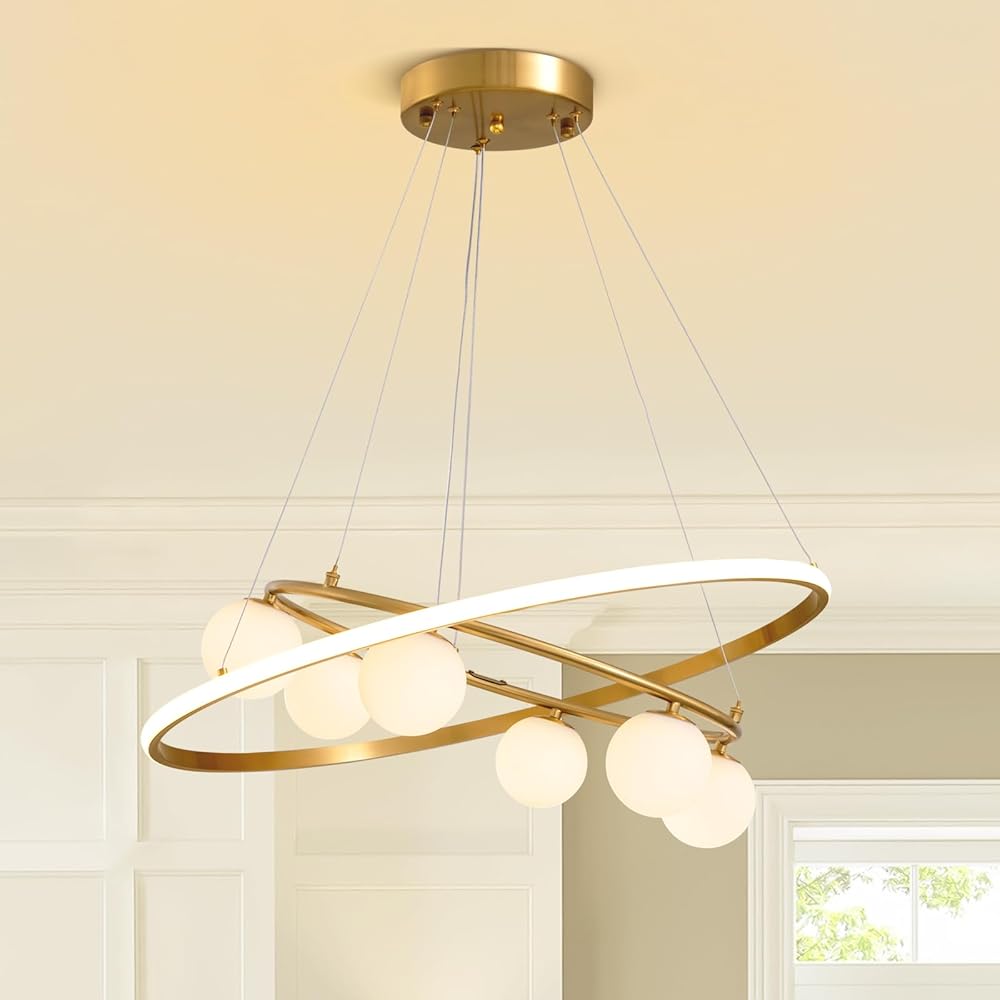 CROSSIO Post-Modern Gold Chandelier 2 Ring LED Dining Room Chandelier with Glass Globe Lampshade, 6 Light Circular Pendant Ceiling Light Fixture for Kitchen Island Over Table