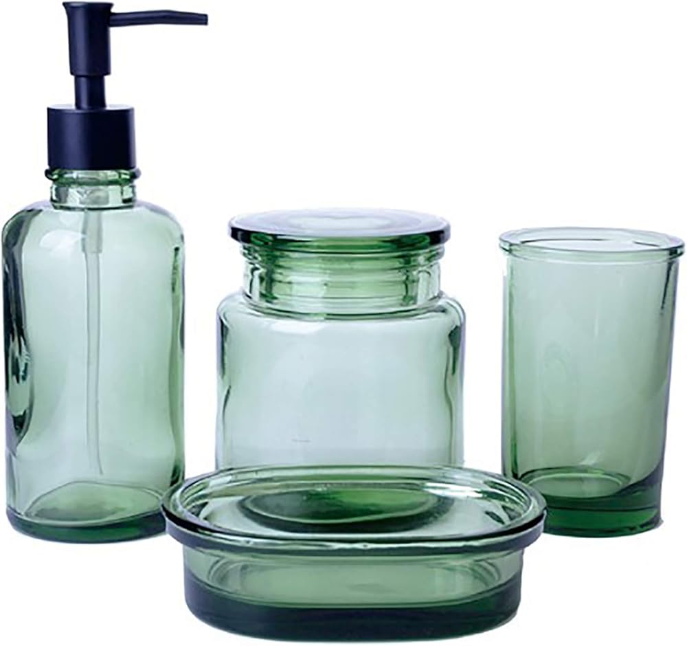 4-Pieces Bathroom Accessory Set,Brown Glass Bath Ensemble Lotion Dispenser Toothbrush Cup Cotton Jar Soap Dish for Home Office Hotel Etc,Green