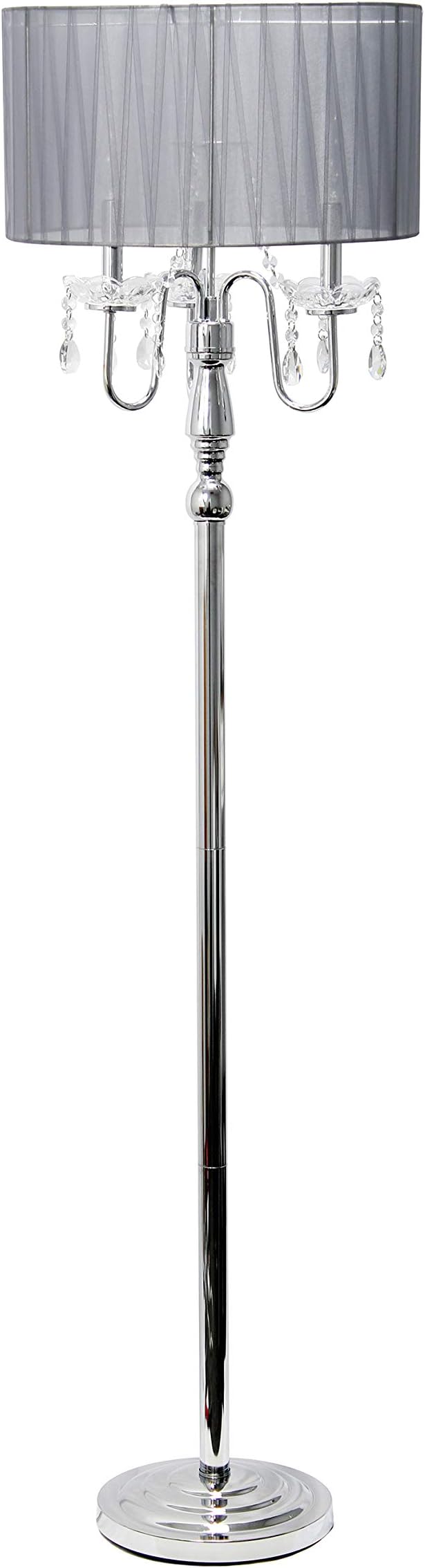 Elegant Designs LF1002-GRY Romantic Cascading Crystal and Chrome Drum Shade Floor Lamp, Gray