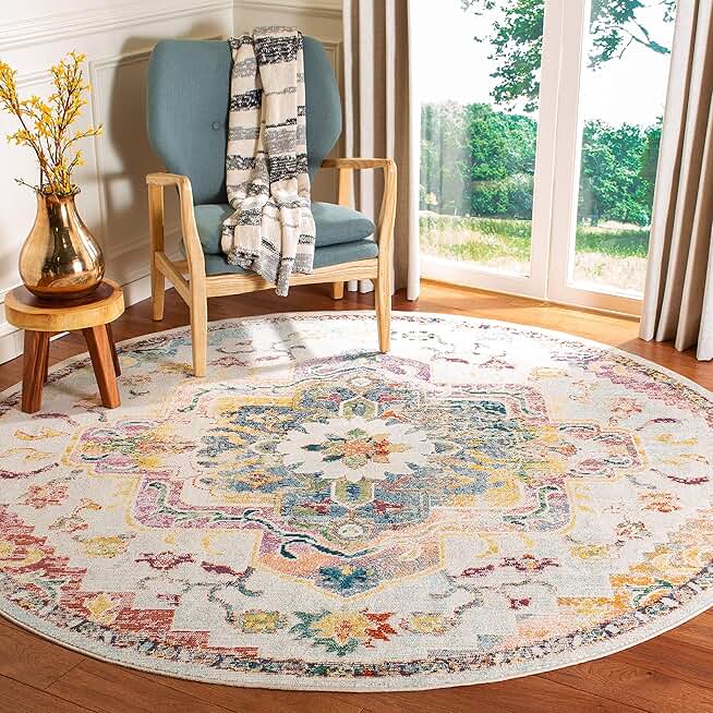 SAFAVIEH Crystal Collection Area Rug - 9' Round, Light Blue & Grey, Medallion Distressed Design, Non-Shedding & Easy Care, Ideal for High Traffic Areas in Living Room, Bedroom (CRS501M)