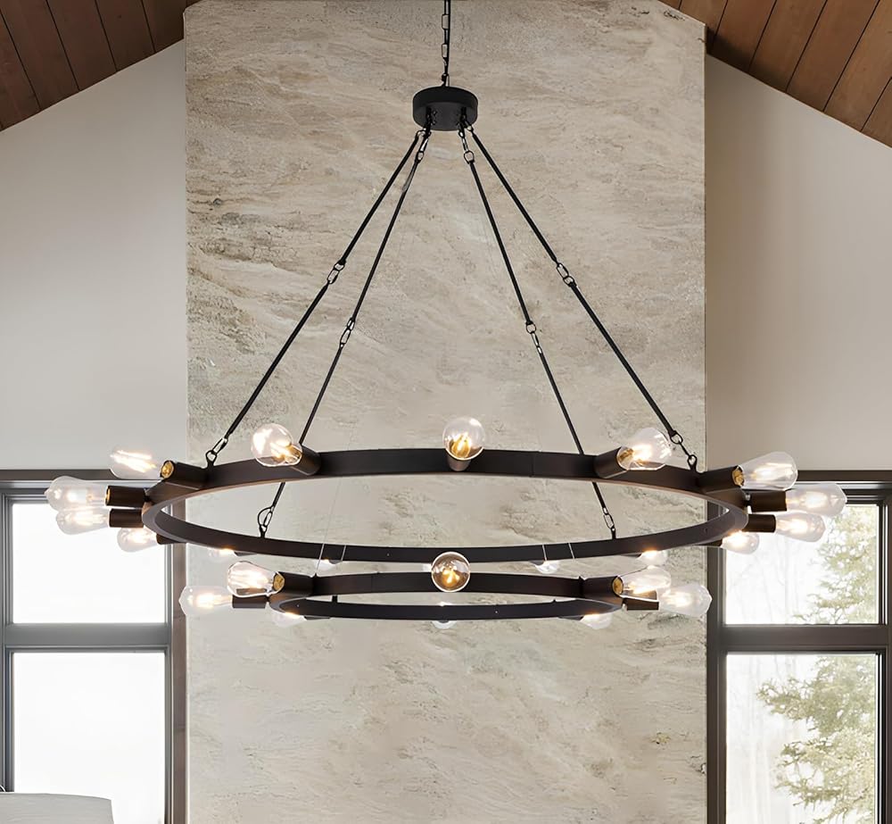 2-Tier Large Black Wagon Wheel Chandelier, 56'' Farmhouse Round Chandelier, 24-Light Black Rustic Chandelier for Living Room, Hallway, Entryway, Foyer, Dining Room