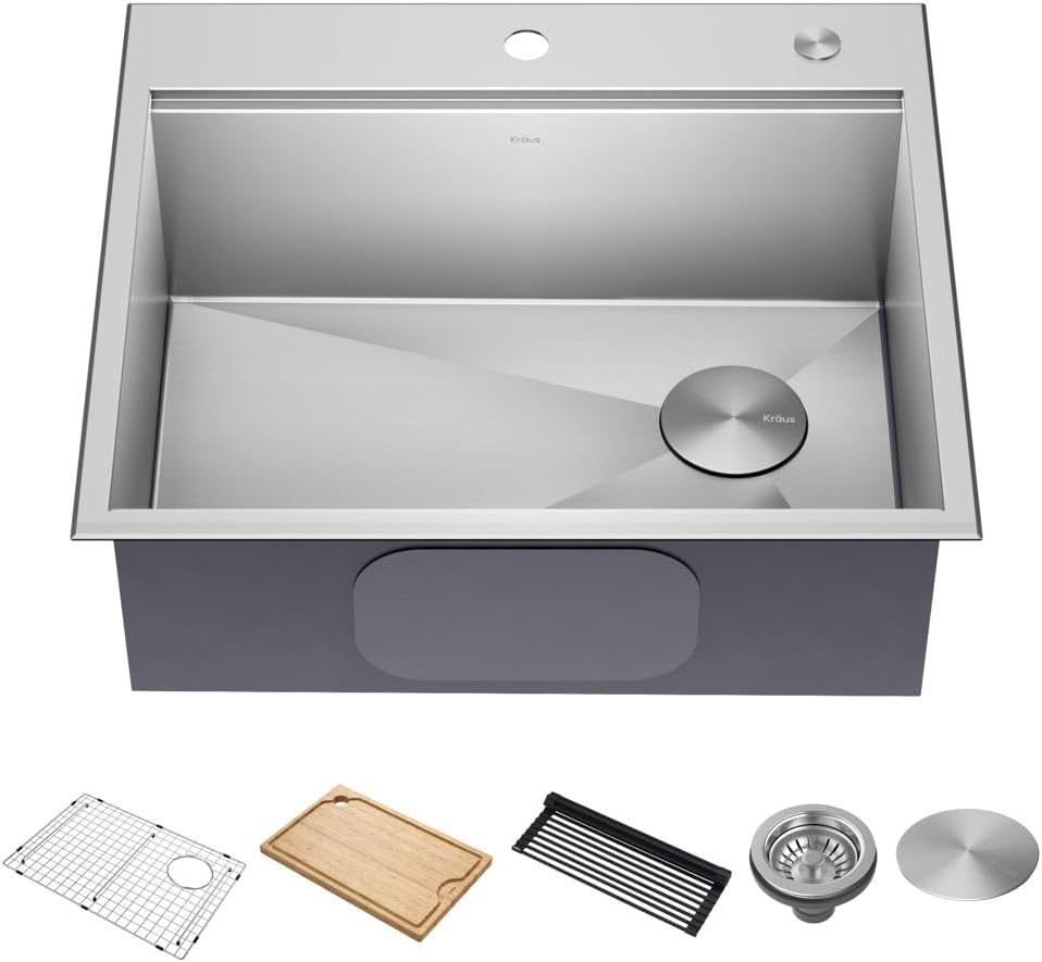 KRAUS KWT311-25 Kore Workstation 25-inch Drop-In 16 Gauge Single Bowl Stainless Steel Kitchen Sink with Integrated Ledge and Accessories (Pack of 5)