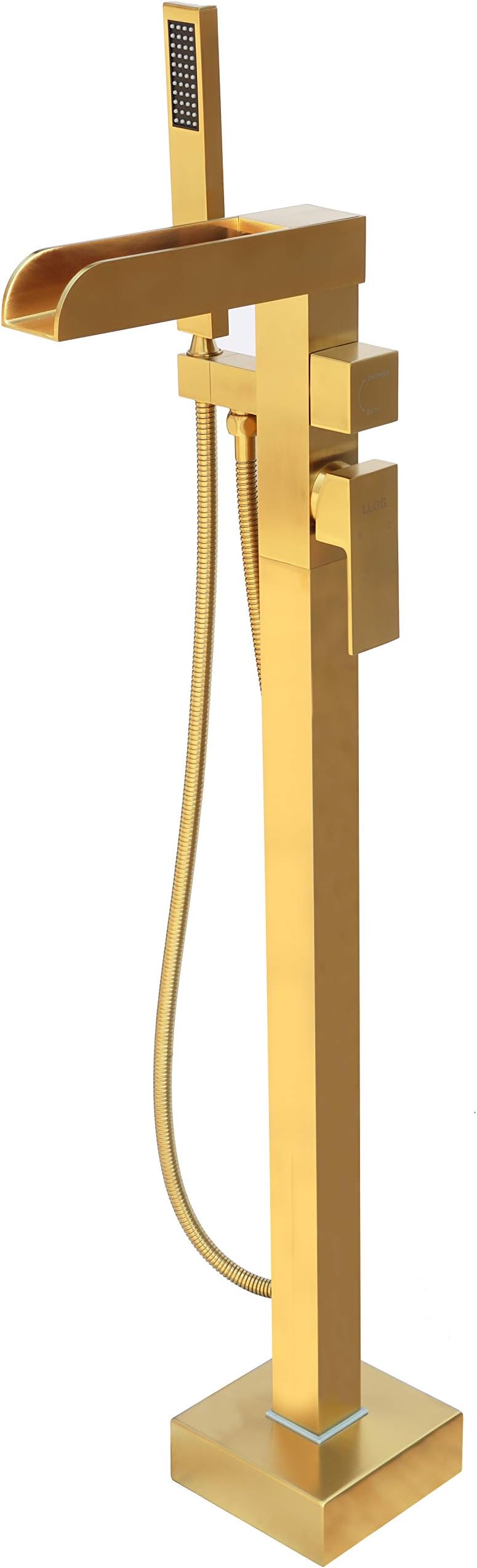 Freestanding Bathtub Faucet Tub Filler Brushed Gold Waterfall High Flow Rate 11.9GAL Floor Mounted Bathroom Mount Faucets with Hand Shower LLGG